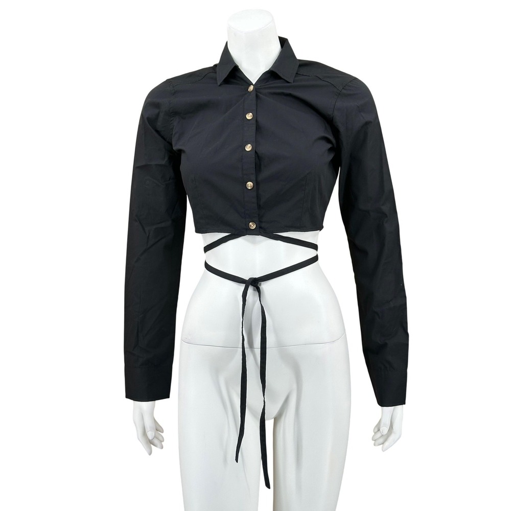 Hollister Top Womens XS Black Cropped Button Up Wrap Tie Long Sleeve‎ Preppy NWT